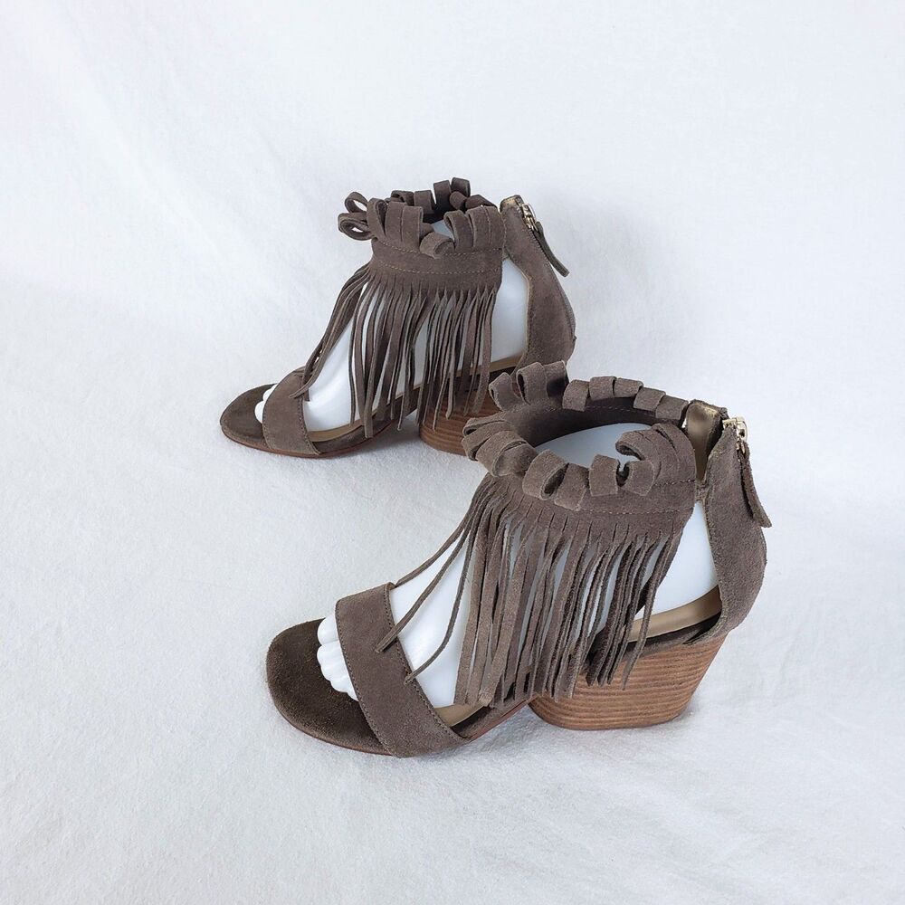 Matiko Western Boho Suede Fringe Ankle Cuff Sandals Womens 38 Chunky Heel Taupe